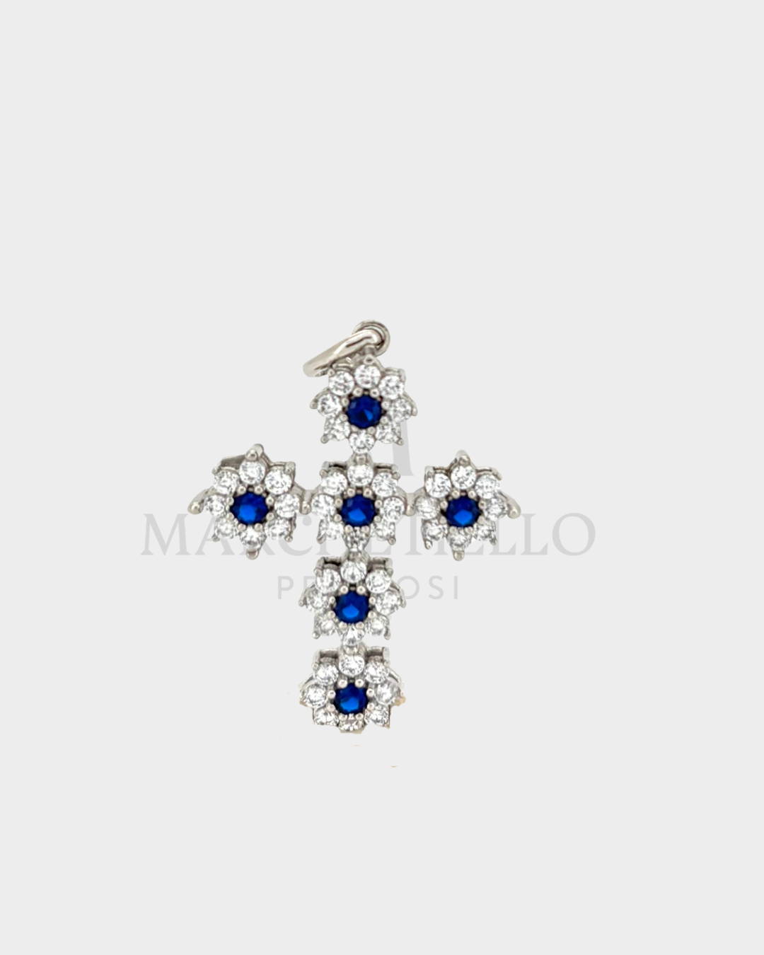 Croce zirconata con fiorellini e centrale blu